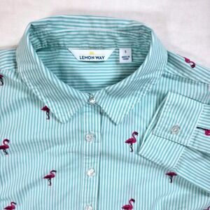 Lemon Way Mint Green Striped Flamingo Embroidered Button Down Shirt Womens Small